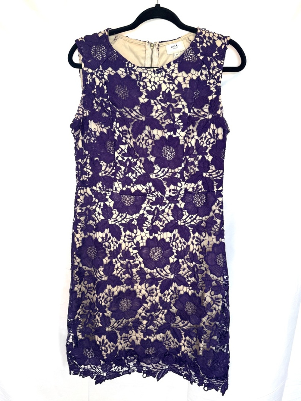 ECI Purple Lace Overlay Midi Dress with Cream Lining Women M